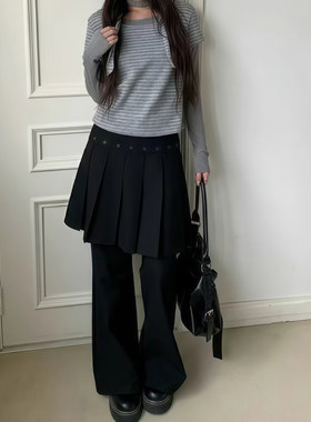 大码美式裙裤一体假两件屁帘裤子女加长裤裙叠穿百褶裙黑色休闲裤
