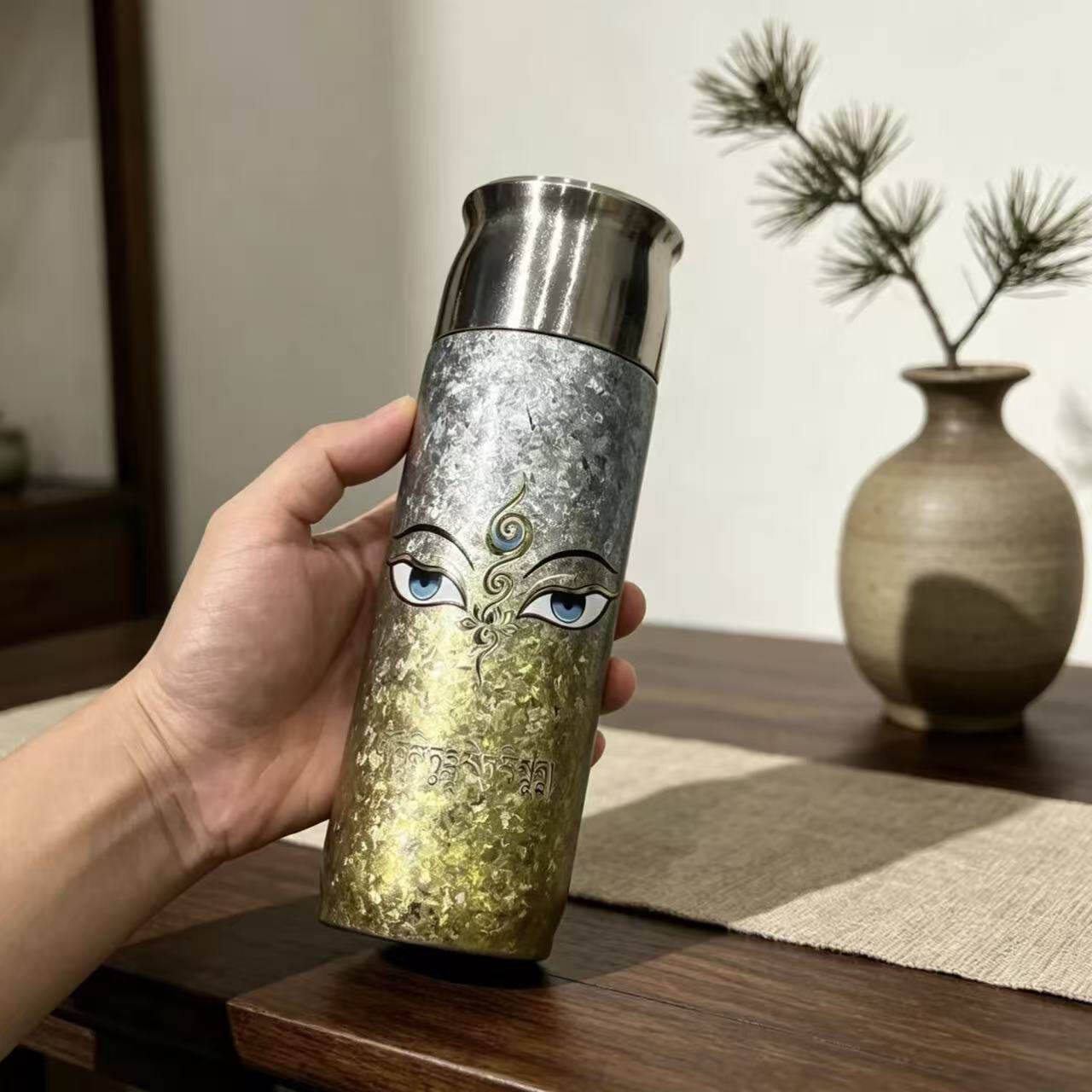绿度母纯钛保温杯大容量佛眼图案雪花银高颜值水杯