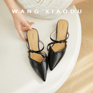 女交叉带气质外穿凉拖 尖头粗跟包头拖鞋 王小毒