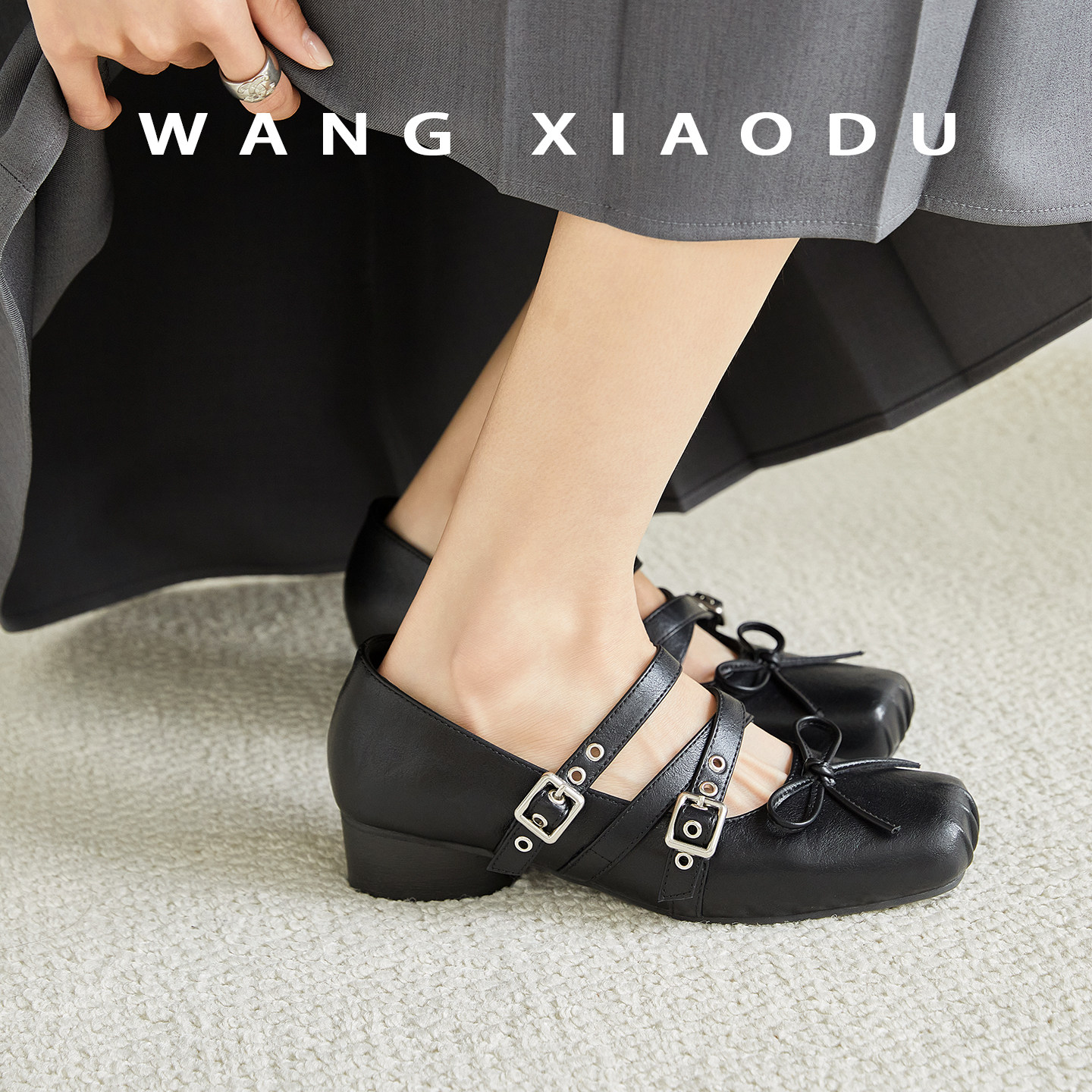 【王小毒】纸短情长●3.5cm方头玛丽珍鞋女蝴蝶结交叉带甜酷单鞋