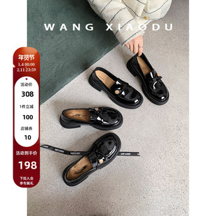 【王小毒】今天星期八●黑色小皮鞋女圆头英伦新款漆皮粗跟乐福鞋