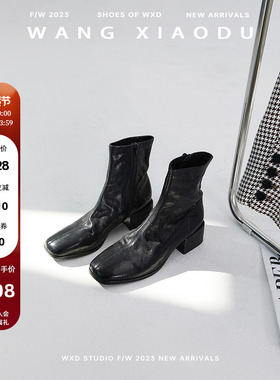 【王小毒】漫步枫林●水洗真皮短靴女头层牛皮瘦瘦靴黑色手工女鞋