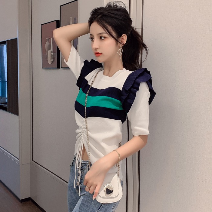 网红短袖T恤秋夏装V领冰丝条纹针织衫女短款修身半袖拼色抽绳上衣热销564件有赠品