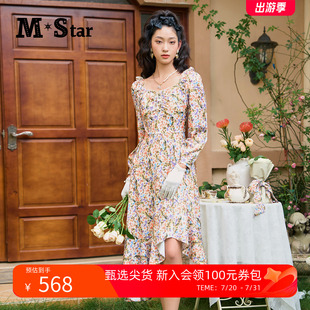 名媛气质连身裙春季 会员直降 STAR春方领小碎花连衣裙女法式