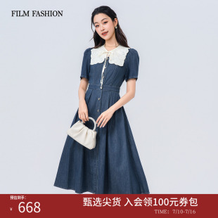 一电影一时装夏季新款牛仔连衣裙中长款收腰短袖度假休闲时尚女士