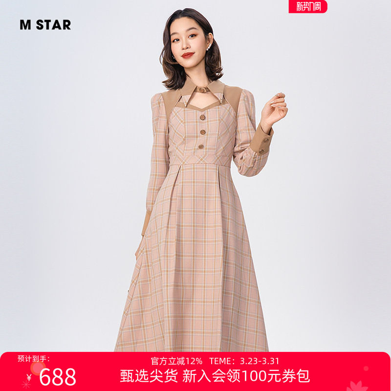 M STAR春秋复古气质翻领镂空格纹新款中长连衣裙女士穿搭显瘦裙子