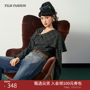一电影一时装秋季新款上衣长袖衬衫格纹时尚披肩荷叶领修身女士