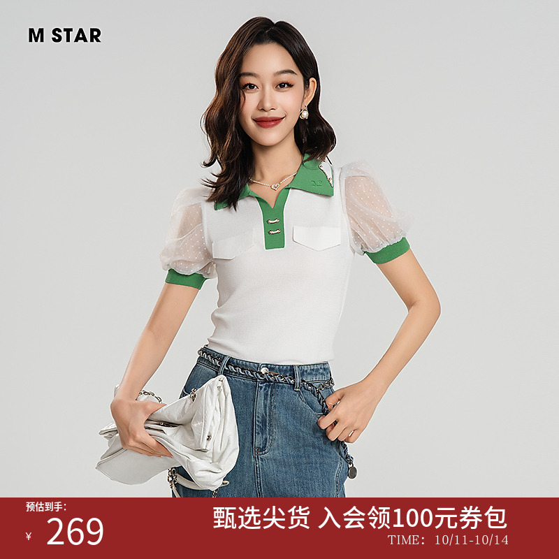M STAR夏短袖Polo领毛衣女士法式泡泡袖上衣小衫气质休闲时尚百搭