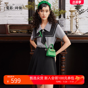 兩件套裝 連衣裙女千鳥格子上衣半裙 拼接短袖 一電影一時裝