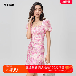 方领碎花连衣裙女士短裙小个子显瘦裙子 会员直降 STAR夏法式