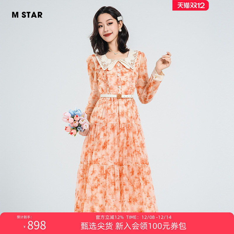 M STAR夏季新款法式浪漫度假气质花料娃娃领连衣裙长裙女今年流行