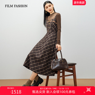 一电影一时装2026春季新款连衣裙套装格纹中长款长袖女士(两件套)