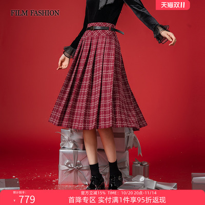 一电影一时装冬季新款小香格子半裙半身裙A字修身压褶羊毛红色女