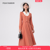 新款 一电影一时装 春秋复古格子假两件长款 连衣裙女士早春穿搭显瘦