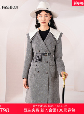 一电影一时装冬季灰色特工翻领中长款呢料新款外套大衣女气质感