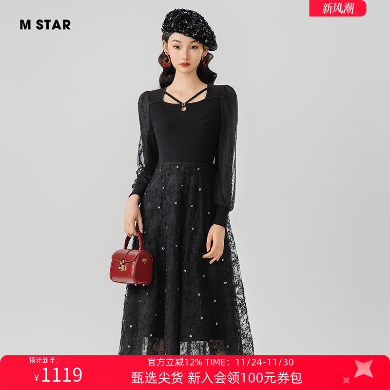 M STAR冬季新款蕾丝连衣裙女士高级流行好看气质风格法式海边今年