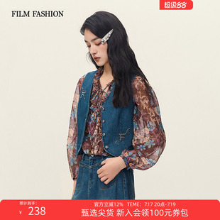 一电影一时装秋季新款牛仔马甲背心复古珠片休闲时尚通勤短款女士