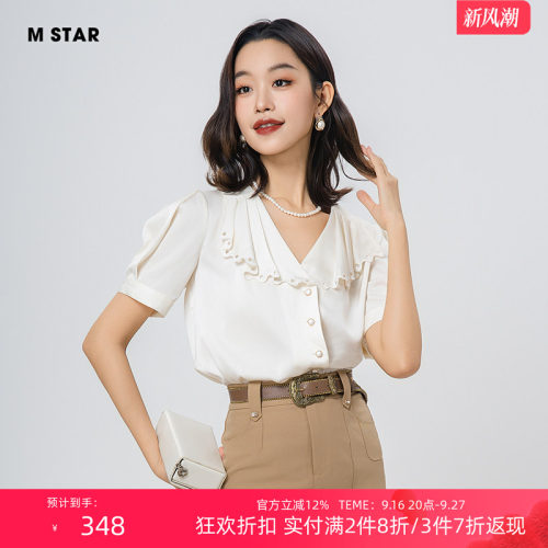【3件7折】M STAR夏季新款法式绣花小翻领缎敢短袖衬衫上衣女