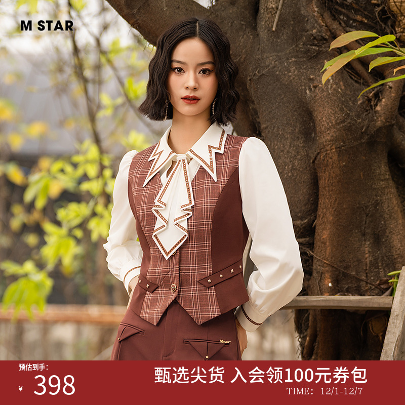 M STAR夏季新款复古气质优雅百搭格子拼接V领马甲小外套女小众
