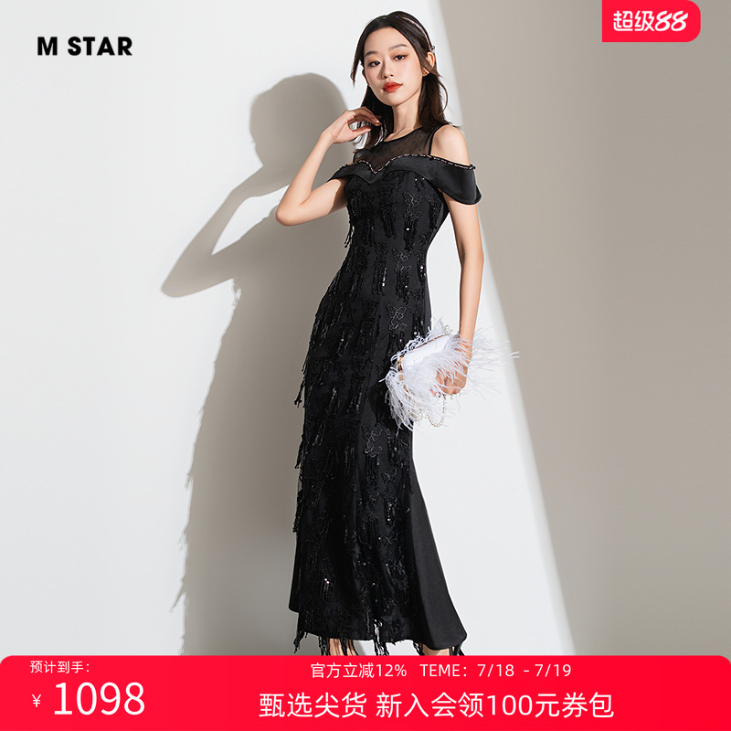 M STAR夏季新款法式优雅露肩重工亮片黑色蕾丝礼服连衣裙长裙女