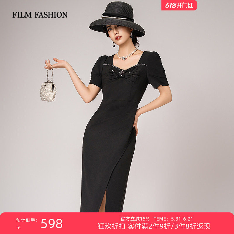 【3件8折】一电影一时装夏季新款手工钉珠蝴蝶结礼服连衣裙女