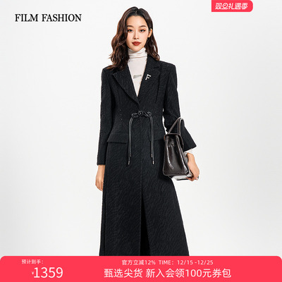 一电影一时装冬季新款肌理感外套大衣中长款黑色修身翻领时尚女士