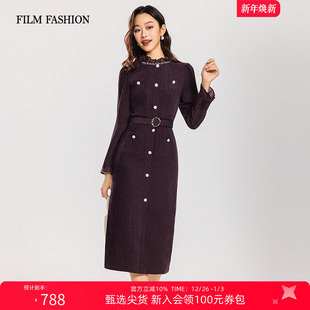 复古酒红色长袖 新款 丝绒连衣裙女贵气端庄 2025冬季 一电影一时装