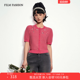一电影一时装夏季新款毛衫上衣圆领短袖时尚休闲小香风钉珠女士