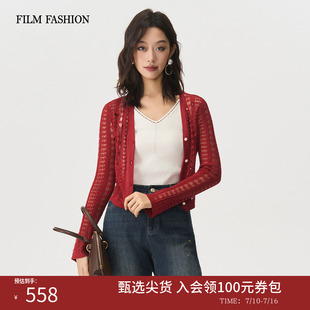 一电影一时装秋季新款开衫毛织针织镂空时尚短款修身莱赛尔女士