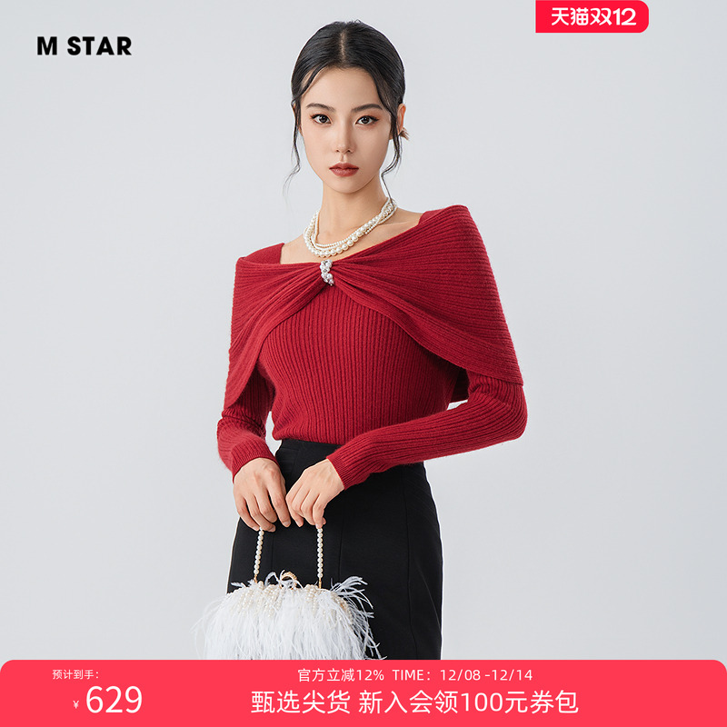 M STAR冬季新款套头毛织上衣长袖羊毛保暖日常休闲红色打底女士