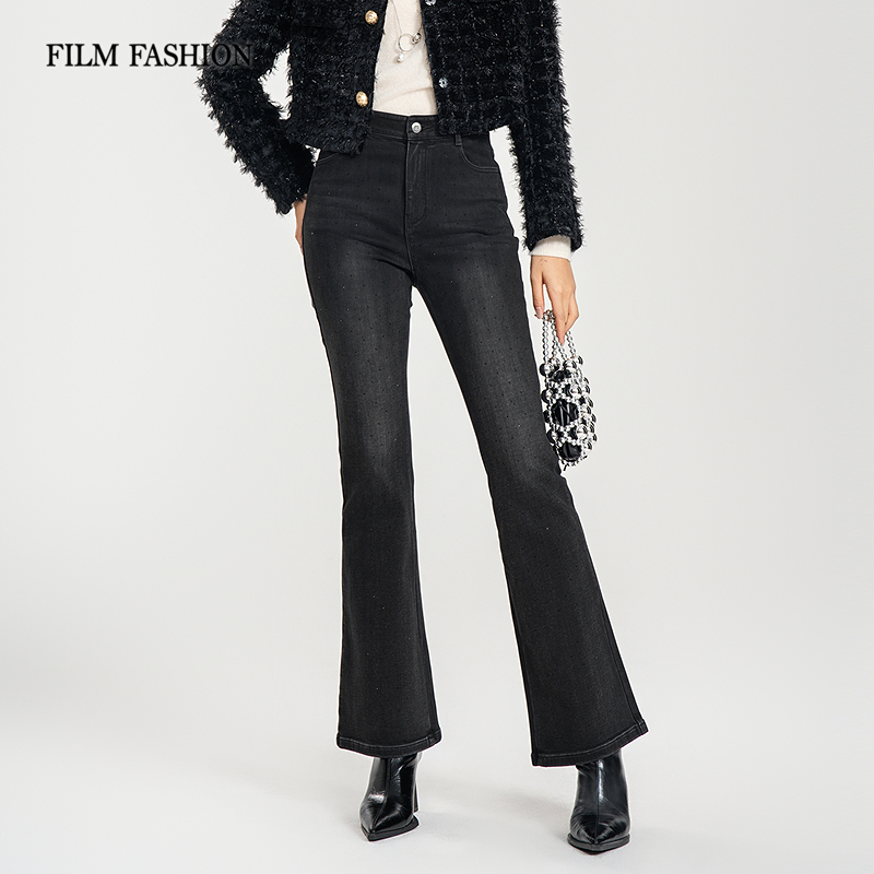 一电影一时装冬季新款牛仔喇叭裤长裤高腰黑色修身复古烫钻加绒女