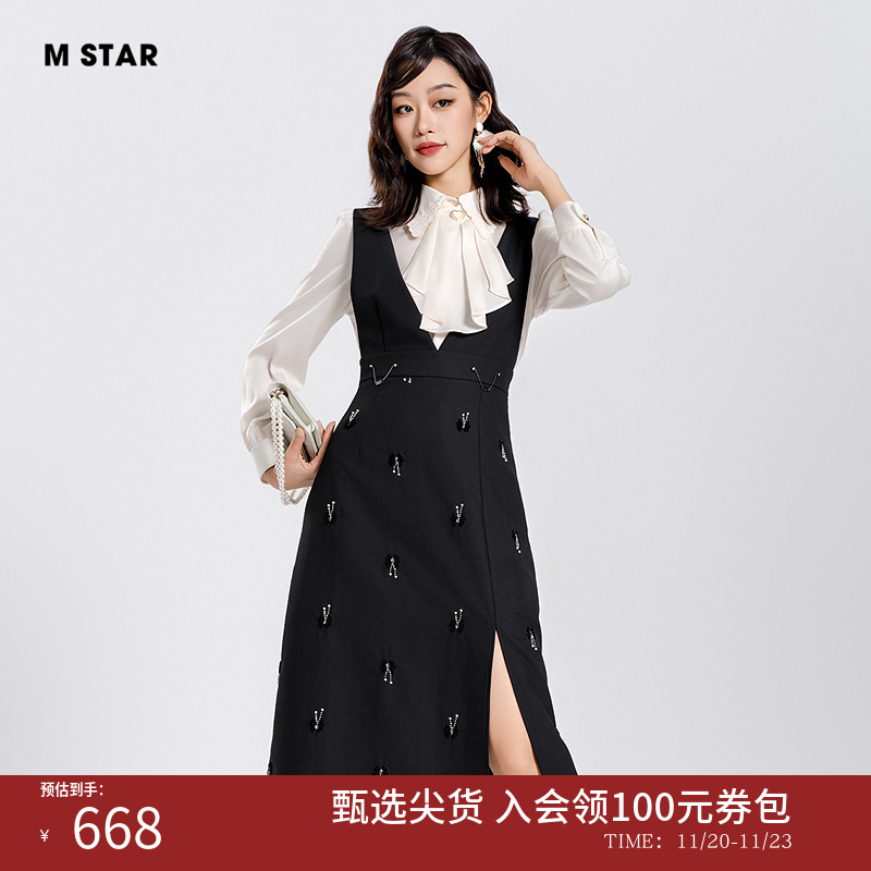 M STAR秋季新款复古气质黑色吊带绣花背带中长款连衣裙女独特好看