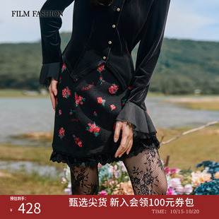 一电影一时装冬季新款玫瑰印花半身裙复古时尚A字短裙木耳边女士