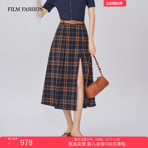 一电影一时装夏季新款格子半裙裙子开叉高腰时尚压褶气质A字女士