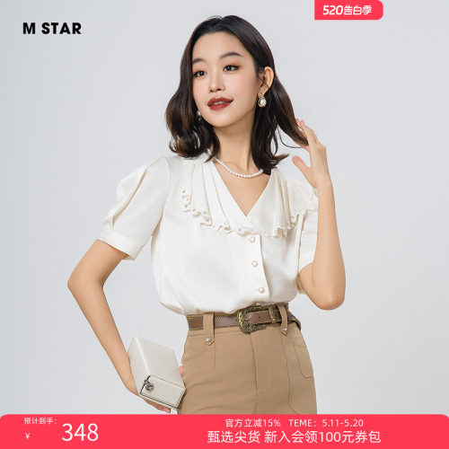 M STAR夏季新款法式绣花小翻领缎敢短袖衬衫上衣女今年流行