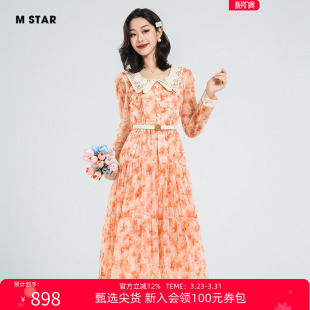 法式 新款 浪漫度假气质花料娃娃领连衣裙长裙女今年流行 STAR夏季