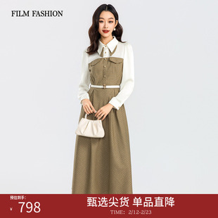 一电影一时装2026早春新款格子拼接连衣裙格纹中长款翻领时尚女士