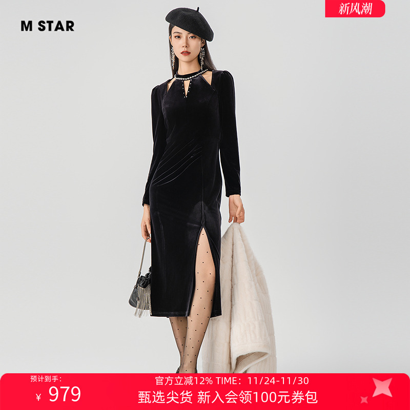 M STAR冬季新款丝绒长袖连衣裙镂空开叉女士修身A字钉珠长袖裙子