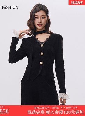 一电影一时装秋季新款套头毛织毛衫上衣V领长袖时尚黑色毛边女士