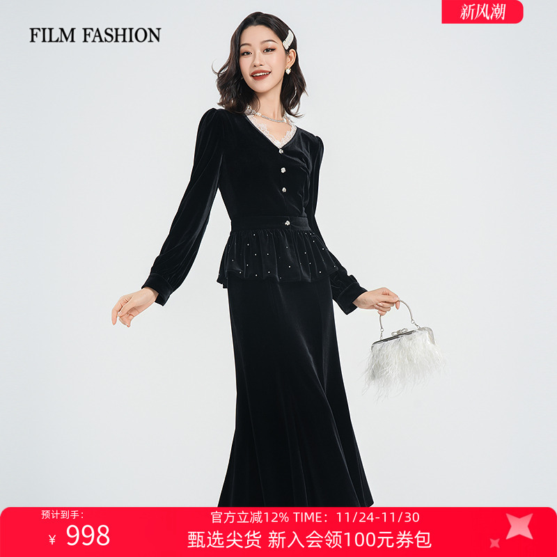 一电影一时装2025秋季新款黑色丝绒v领长袖连衣裙女高级气质显瘦