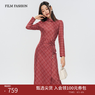 提花旗袍连衣裙新中式 一电影一时装 春季 新款 女士格纹绑带中长款