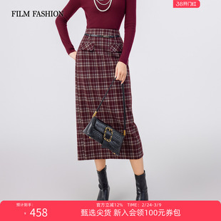 一电影一时装2025冬季新款复古高腰红格纹半身裙直筒裙女独特好看