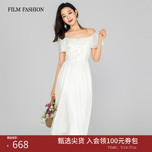 一电影一时装2026夏季新款一字肩连衣裙暗纹提花刺绣绵羊毛女士