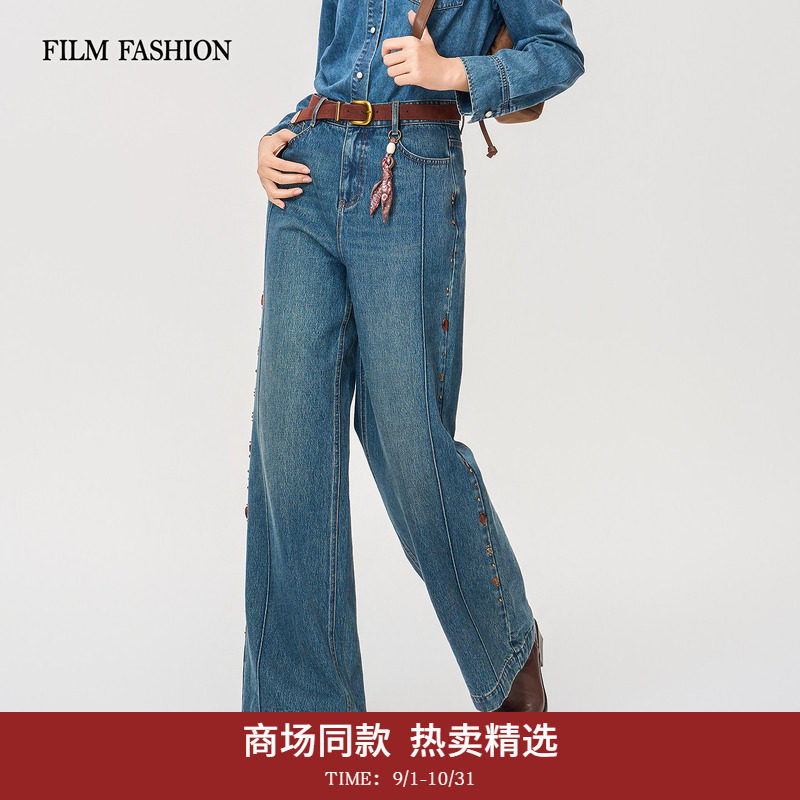 【商场同款】一电影一时装2026秋季新款高腰复古刺绣牛仔阔腿裤女图片