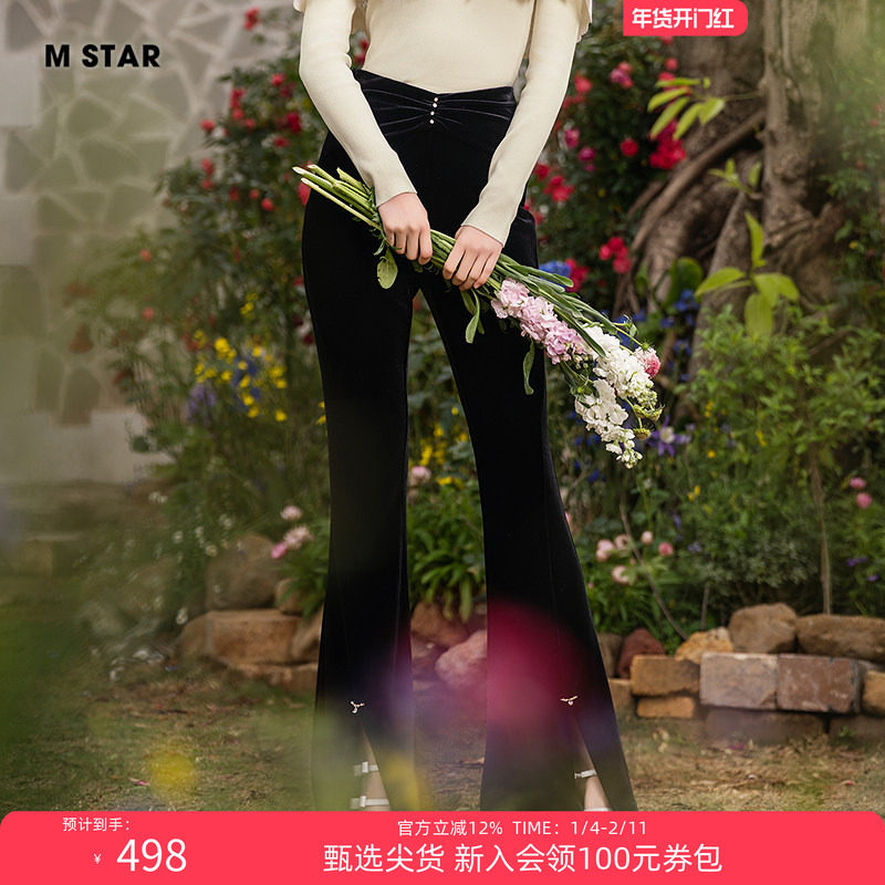 M STAR秋季新款高腰丝绒喇叭裤长裤显瘦修身女士气质休闲时尚,女装/女士精品,休闲裤,淘宝优惠券,粉丝福利购,淘宝优惠卷