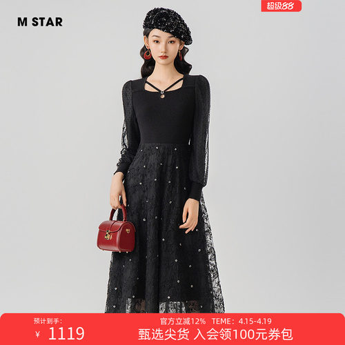 M STAR冬季新款蕾丝连衣裙女士气质流行好看风格法式海边