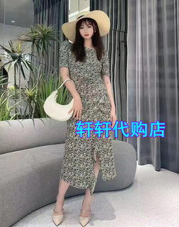 艾诺丝2023夏装新款时尚显瘦修身开叉中长款印花连衣裙女30529026