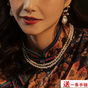 新款搭配旗袍珍珠项链女士双层颈链短款多层叠戴锁骨链毛衣链826
