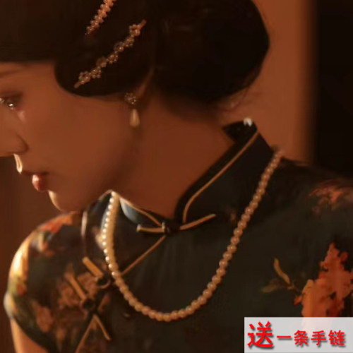 中式珍珠项链旗袍配饰品女锁骨链中长款颈链55cm气质款毛衣链408 - 实物图