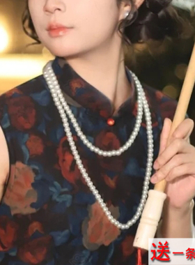 双层珍珠项链复古配旗袍配饰品中长款毛衣链女士锁骨链颈链子540